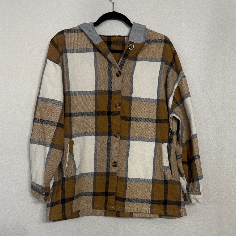 SHEIN Brown Plaid Button-Up Top